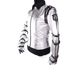 III-Fashions Men's Classic Michael Pop Bad Concert Tour Punk Belts Costume Silver Satin Biker Jacket, Medium
