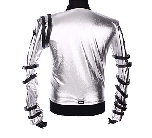 III-Fashions Men's Classic Michael Pop Bad Concert Tour Punk Belts Costume Silver Satin Biker Jacket, Medium