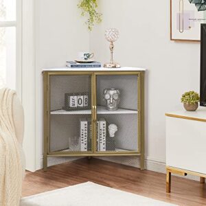 vecelo corner cabinet table with 3-tier shelf, freestanding storage organizer for small space in living room/bedroom/kitchen, two doors, gold