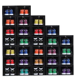 mmbaby 12 pack shoe storage box shoe box clear plastic stackable drop front shoe organizer space saving foldable shoe container bin fit up to us size 12 (black)