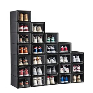 MMBABY 12 Pack Shoe Storage Box Shoe Box Clear Plastic Stackable Drop Front Shoe Organizer Space Saving Foldable Shoe Container Bin Fit up to US Size 12 (Black)