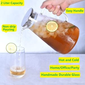 Tbgllmy 2 Liter 68 Ounces Glass Pitcher With Lid, Hot&Cold Water Pitcher With Handle, for Homemade Beverage, Juice, Iced Tea and Milk