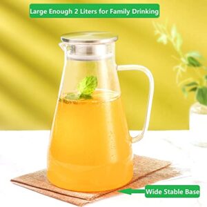 Tbgllmy 2 Liter 68 Ounces Glass Pitcher With Lid, Hot&Cold Water Pitcher With Handle, for Homemade Beverage, Juice, Iced Tea and Milk
