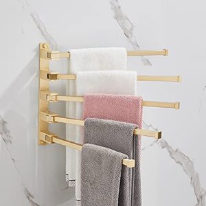 Swivel Towel Rack 4 Swing Arm Bathroom Towel Bar Wall Mounted Thick Brass Rustproof Hanging Holder Brushed Gold Finish Shower Room, Kitchen,five