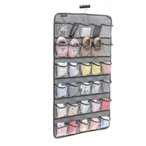 ANZORG Hanging Baby Shoes Organizer Baby Headband Holder Closet Organizer for Baby Bow Socks Underwear with 30 Clear Pockets (GREY)