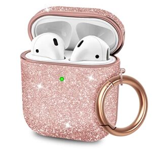 molova bling case for airpods 1&2 case,hard cover glitter rose gold luxury leather with gold-plated frame shock proof cover with keychain（rose gold）