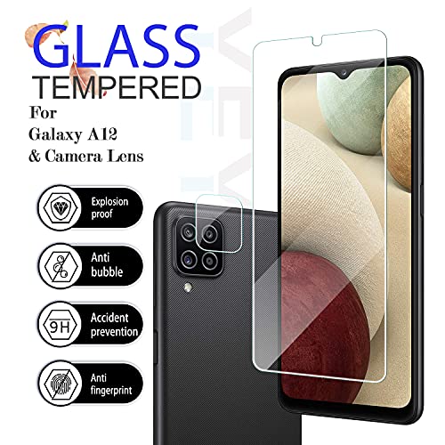 Galaxy A12 Tempered Glass Screen Protector + Camera Lens Protectors by YEYEBF, [2+2 Pack] [3D Glass] [Bubble-Free] [Anti-Glare] for Samsung Galaxy A12