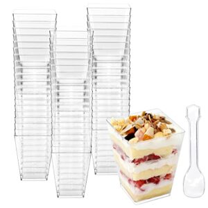 Colovis Dessert Cups, 60 Count 5oz Clear Plastic Parfait Appetizer Cups with Spoons Square Dessert Serving Cups for Parties, Events, Catering (60)