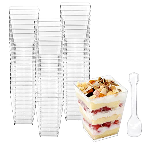 Colovis Dessert Cups, 60 Count 5oz Clear Plastic Parfait Appetizer Cups with Spoons Square Dessert Serving Cups for Parties, Events, Catering (60)