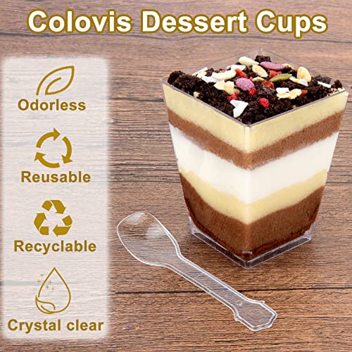 Colovis Dessert Cups, 60 Count 5oz Clear Plastic Parfait Appetizer Cups with Spoons Square Dessert Serving Cups for Parties, Events, Catering (60)
