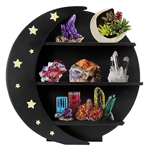 RNOONY Crescent Moon Shelf for Crystals| X Large - Boho Shelves Essential Oil Shelf, Wooden Moon Shelf, Crystal Display Shelf, Moon Decor, Wiccan Decor, (Black)