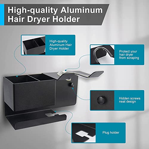Hosoncovy Metal Hair Dryer Wall Mount Holder Hair Dryer Wall Hanger Toiletries Wall Storage Electric Shaver Wall Mount for Dyson Supersonic Hair Dryer,Universal for Hair Dryer (Black)