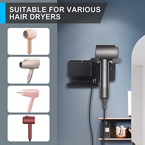 Hosoncovy Metal Hair Dryer Wall Mount Holder Hair Dryer Wall Hanger Toiletries Wall Storage Electric Shaver Wall Mount for Dyson Supersonic Hair Dryer,Universal for Hair Dryer (Black)
