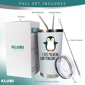 KLUBI Penguin Gifts Coffee Tumbler - Large 20oz Stainless Steel Tumbler - Gift Idea for Penguin Lovers, Women, Men