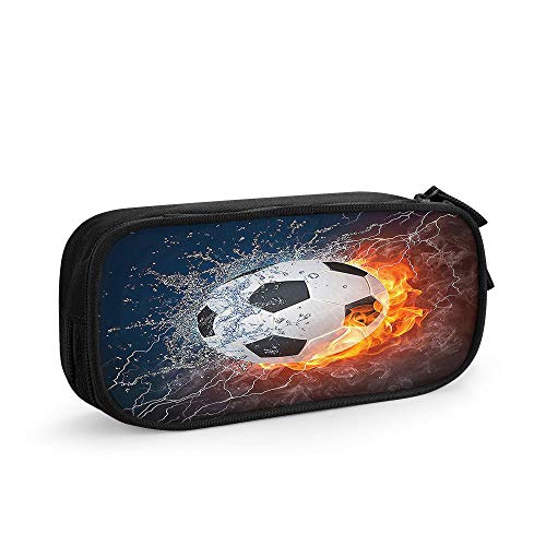 AOYEGO Soccer Pencil Case Sport Football in Burning Fire and Water Spark Lightening Circle Game Pen Pouch Bag Organizer School Students Large Capacity for Women Men