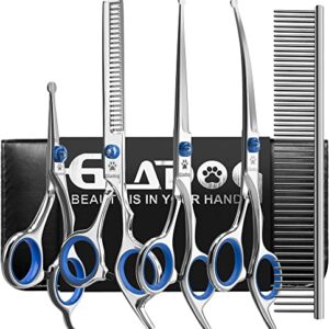 Dog Grooming Scissors Kit with Safety Round Tips, GLADOG Professional 6 in 1 Grooming Scissors for Dogs, Sharp and Durable Dog Grooming Shears for Dogs Cats Pets