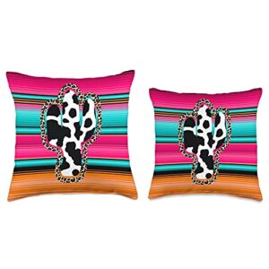 Western Serape Cactus designs Western Cow Cactus Leopard Cheetha Serape Turquoise Pink Throw Pillow, 16x16, Multicolor