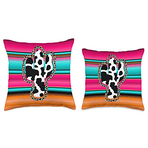 Western Serape Cactus designs Western Cow Cactus Leopard Cheetha Serape Turquoise Pink Throw Pillow, 16x16, Multicolor