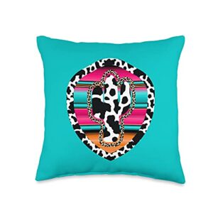 western serape cactus designs western cow cactus leopard cheetha serape turquoise pink throw pillow, 16x16, multicolor