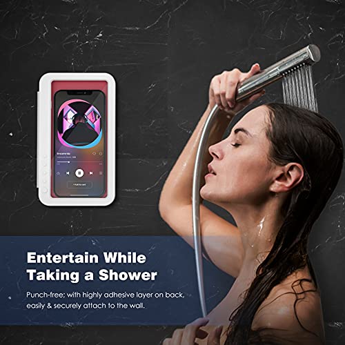 MoKo Shower Phone Holder Waterproof, 180 Rotation Wall Mount Phone Holder for Bathroom Kitchen Bathtub with Anti-Fog Touchable Screen, Fits iPhone 14 Universal Smartphone up to 6.8",White