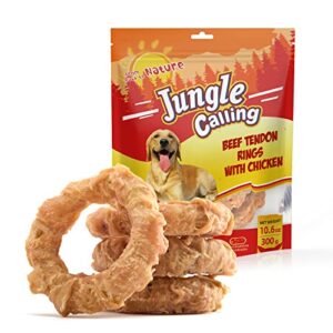 jungle calling beef tendons for adult dogs, chicken wrapped tendons dog chews long lasting hip and joint supplement for dogs with glucosamine (ring)