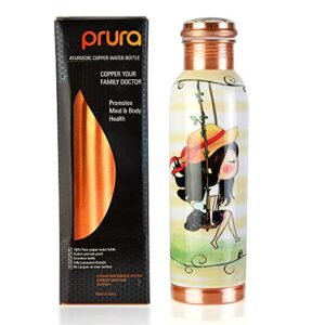 prura pure printed copper water bottle - leak proof ayurvedic drinkware copper vessel for sports, gym, outdoors, yoga, health benefits (30 oz)