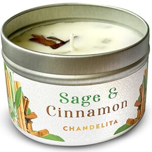 chandelita cinnamon sage candle for cleansing house, home blessing and energy with sage leaves and soy wax for purification, relaxation - meditation candle - chakra candles - cinnamon candle