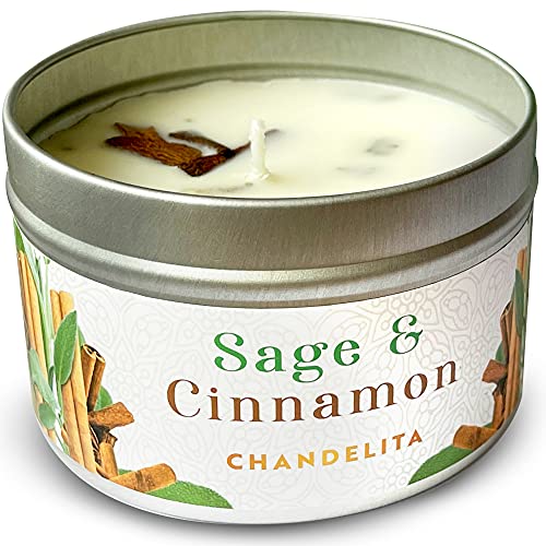 Chandelita Cinnamon Sage Candle for Cleansing House, Home Blessing and Energy with Sage Leaves and Soy Wax for Purification, Relaxation - Meditation Candle - Chakra Candles - Cinnamon Candle