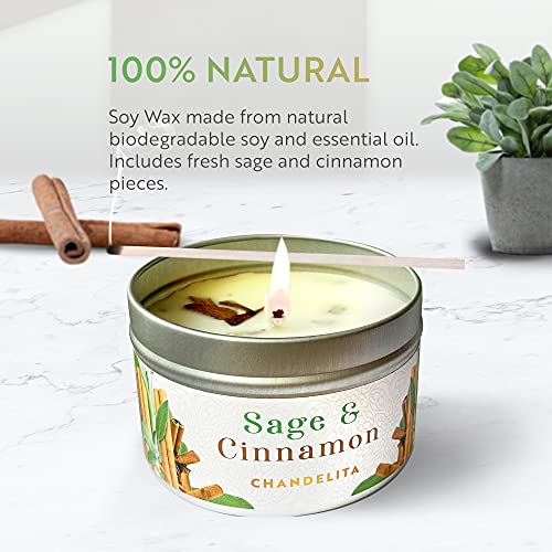 Chandelita Cinnamon Sage Candle for Cleansing House, Home Blessing and Energy with Sage Leaves and Soy Wax for Purification, Relaxation - Meditation Candle - Chakra Candles - Cinnamon Candle