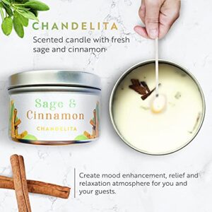 Chandelita Cinnamon Sage Candle for Cleansing House, Home Blessing and Energy with Sage Leaves and Soy Wax for Purification, Relaxation - Meditation Candle - Chakra Candles - Cinnamon Candle