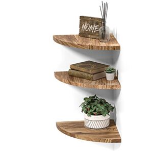 delfoy wall mounted rustic wood round edge corner shelf storage rack, bookcase, floating shelves home decor for bedroom, living room, office and kitchen, set of 3 (round edge)