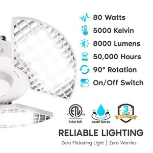 LUXRITE LED Garage Light 80W, 8000 Lumens, Deformable LED Garage Lights, 5000K Bright White, 3 Panel LED Garage Light, E26 Screw in Shop Light, Adjustable Garage Light, Damp Rated, ETL Listed