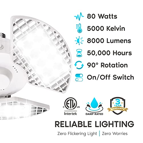 LUXRITE LED Garage Light 80W, 8000 Lumens, Deformable LED Garage Lights, 5000K Bright White, 3 Panel LED Garage Light, E26 Screw in Shop Light, Adjustable Garage Light, Damp Rated, ETL Listed