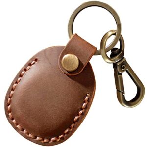 leather airtag holder keychain, portable handmade genuine leather air tag holder with keyring full coverage protective case cover compatible for airtags 2021 brown