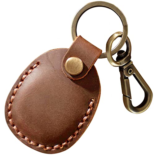 Leather Airtag Holder Keychain, Portable Handmade Genuine Leather Air Tag Holder with Keyring Full Coverage Protective Case Cover Compatible for AirTags 2021 Brown