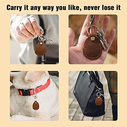 Leather Airtag Holder Keychain, Portable Handmade Genuine Leather Air Tag Holder with Keyring Full Coverage Protective Case Cover Compatible for AirTags 2021 Brown