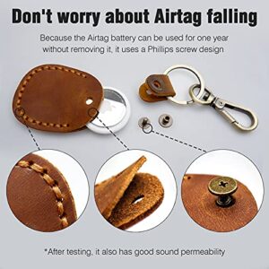 Leather Airtag Holder Keychain, Portable Handmade Genuine Leather Air Tag Holder with Keyring Full Coverage Protective Case Cover Compatible for AirTags 2021 Brown