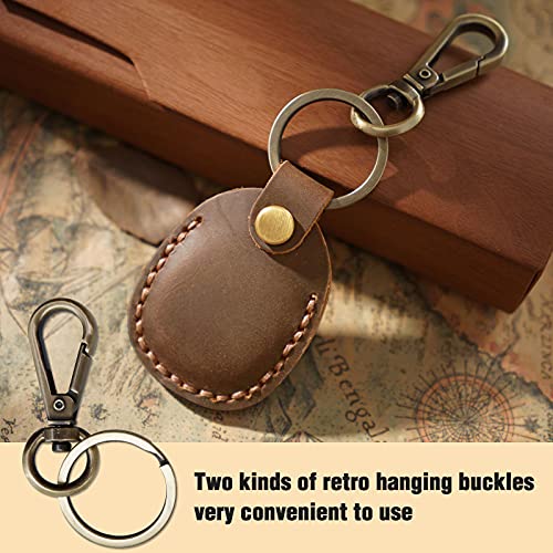 Leather Airtag Holder Keychain, Portable Handmade Genuine Leather Air Tag Holder with Keyring Full Coverage Protective Case Cover Compatible for AirTags 2021 Brown