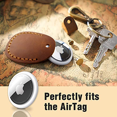 Leather Airtag Holder Keychain, Portable Handmade Genuine Leather Air Tag Holder with Keyring Full Coverage Protective Case Cover Compatible for AirTags 2021 Brown