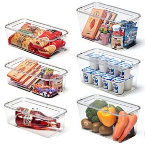 ezoware 6 pack stackable clear refrigerator organizer bins with lid, narrow plastic storage box containers ideal for kitchen cabinet, pantry organization, fridge, freezer - 2 sizes