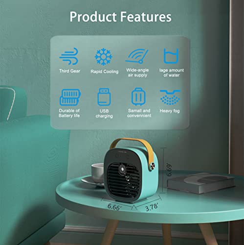 Portable Air Conditioner Fan，MiNi USB Evaporative Air Conditioner Fan，10000mAh cordless Rechargeable Personal Desktop Fan，3-Speed Silent for Office，Living Room，Bedroom，Car and Outdoor Activities（Blue）