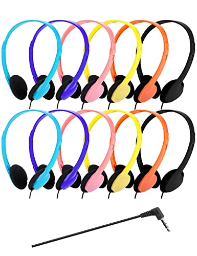 QWERDF Bulk Headphones 12 Packs Classroom Headphones Student On Over Ear Earbuds for School in Individual Bags (12 Packs, 6 Colors)