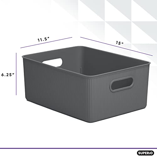 Superio Decorative Plastic Open Home Storage Bins Organizer Baskets, Large Grey (4 Pack) Container Boxes for Organizing Closet Shelves Drawer Shelf - Ribbed Collection 15 Liter/16 Quart