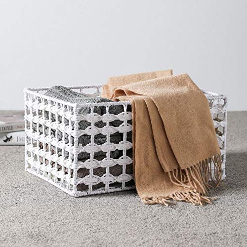 Motifeur Handmade Paper Rope Woven Baskets, Twisted Lined Utility Storage Organizers (Set of 3, Large: 15.7"x11.8"x8.1", Medium: 13.8"x9.8"x7.3", Small: 11.8"x7.9"x6.1", White)
