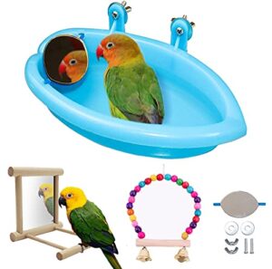 bird bathtub with mirror 3 packs, wooden bird mirror perch stand, colorful swing bird cage accessories for budgerigar, parakeet, cockatiel, conure, lovebird, cockatoo