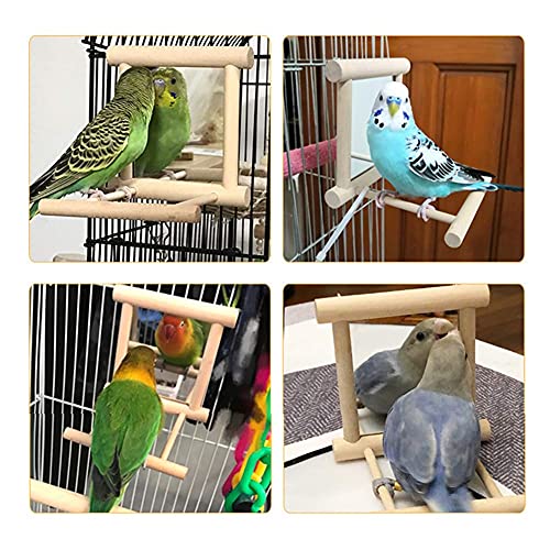 Bird Bathtub with Mirror 3 Packs, Wooden Bird Mirror Perch Stand, Colorful Swing Bird Cage Accessories for Budgerigar, Parakeet, Cockatiel, Conure, Lovebird, Cockatoo