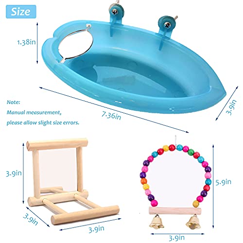 Bird Bathtub with Mirror 3 Packs, Wooden Bird Mirror Perch Stand, Colorful Swing Bird Cage Accessories for Budgerigar, Parakeet, Cockatiel, Conure, Lovebird, Cockatoo