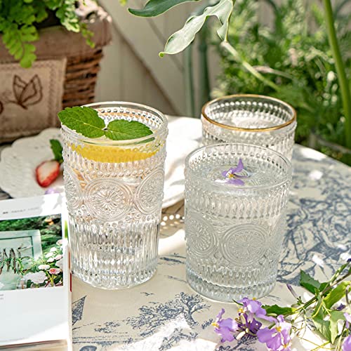 Kingrol 6 Pack 12 oz Romantic Water Glasses, Premium Drinking Glasses Tumblers, Vintage Glassware Set for Juice, Beverages, Beer, Cocktail