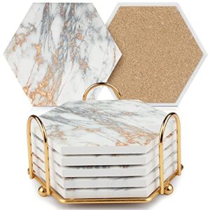 marble coasters for drinks absorbent with cork base, 6 pcs drink coasters for wooden table with metal holder, gold ceramic cup coaster set rustic home decor for living room bar - housewarming gifts