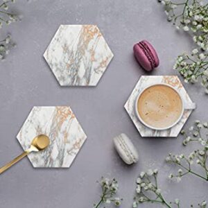 Marble Coasters for Drinks Absorbent with Cork Base, 6 Pcs Drink Coasters for Wooden Table with Metal Holder, Gold Ceramic Cup Coaster Set Rustic Home Decor for Living Room Bar - Housewarming Gifts